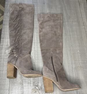 Carlos Garrett Women's Over The Knee Boots Suede Fringe Taupe Boho Western Sz 8